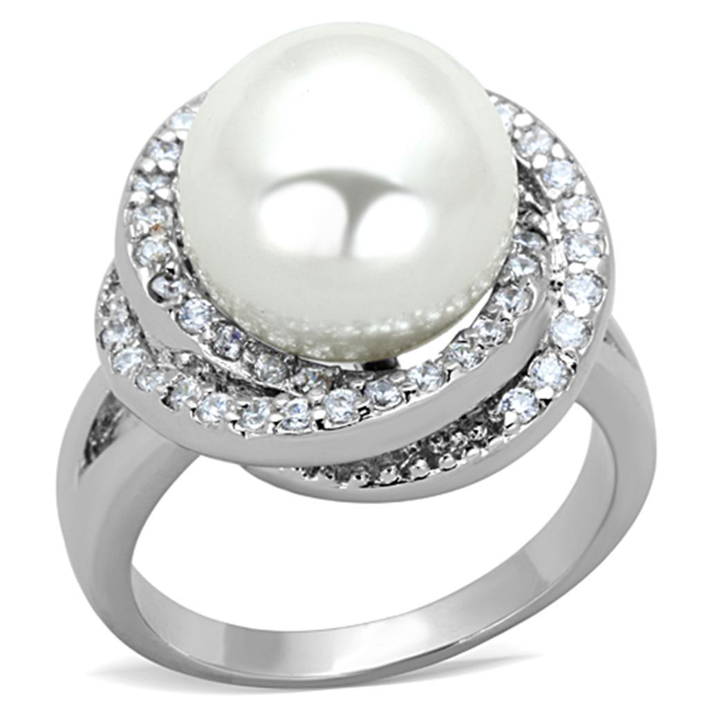 Alamode Rhodium Brass Ring with Synthetic Pearl in White - Flyclothing LLC