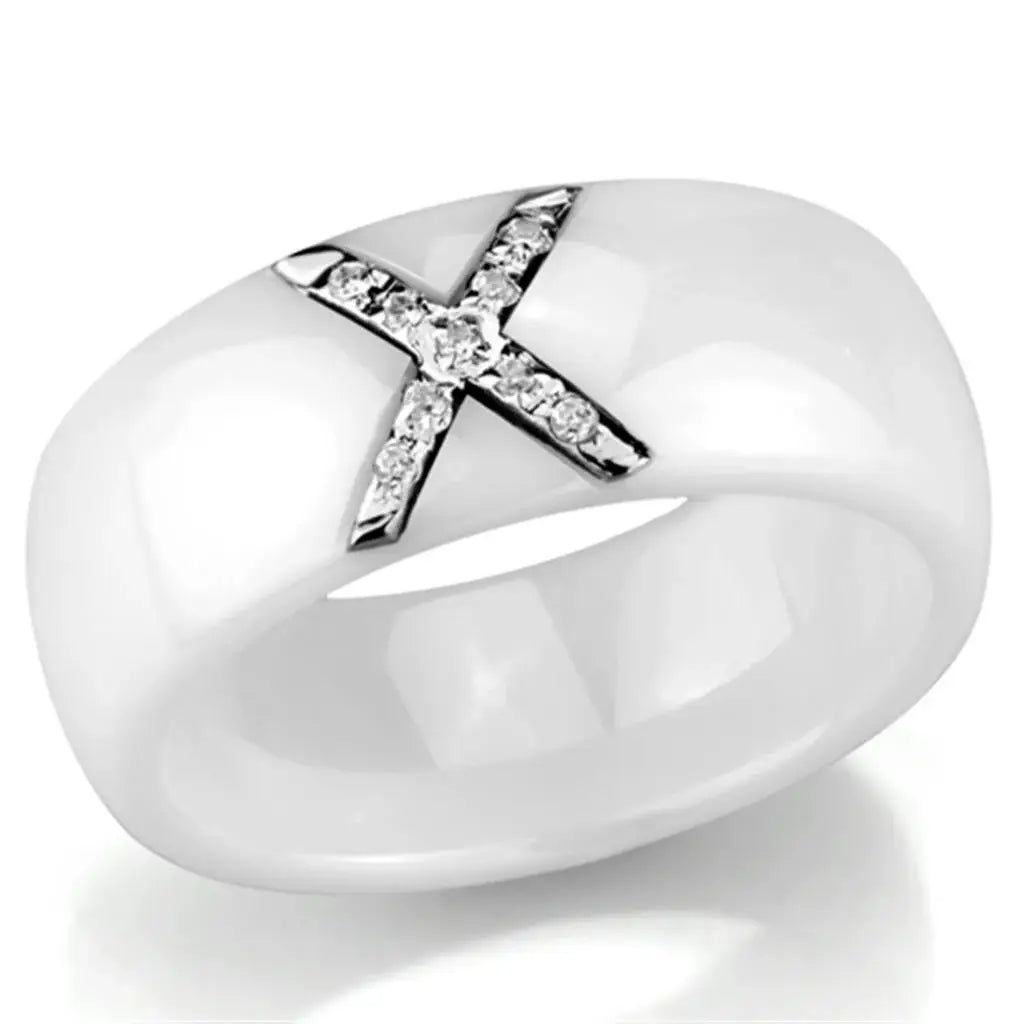 Alamode High polished (no plating) Stainless Steel Ring with Ceramic in White - Alamode - Flyclothing LLC