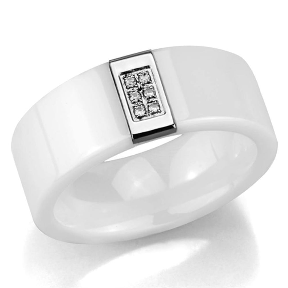 Alamode High polished (no plating) Stainless Steel Ring with Ceramic in White - Alamode