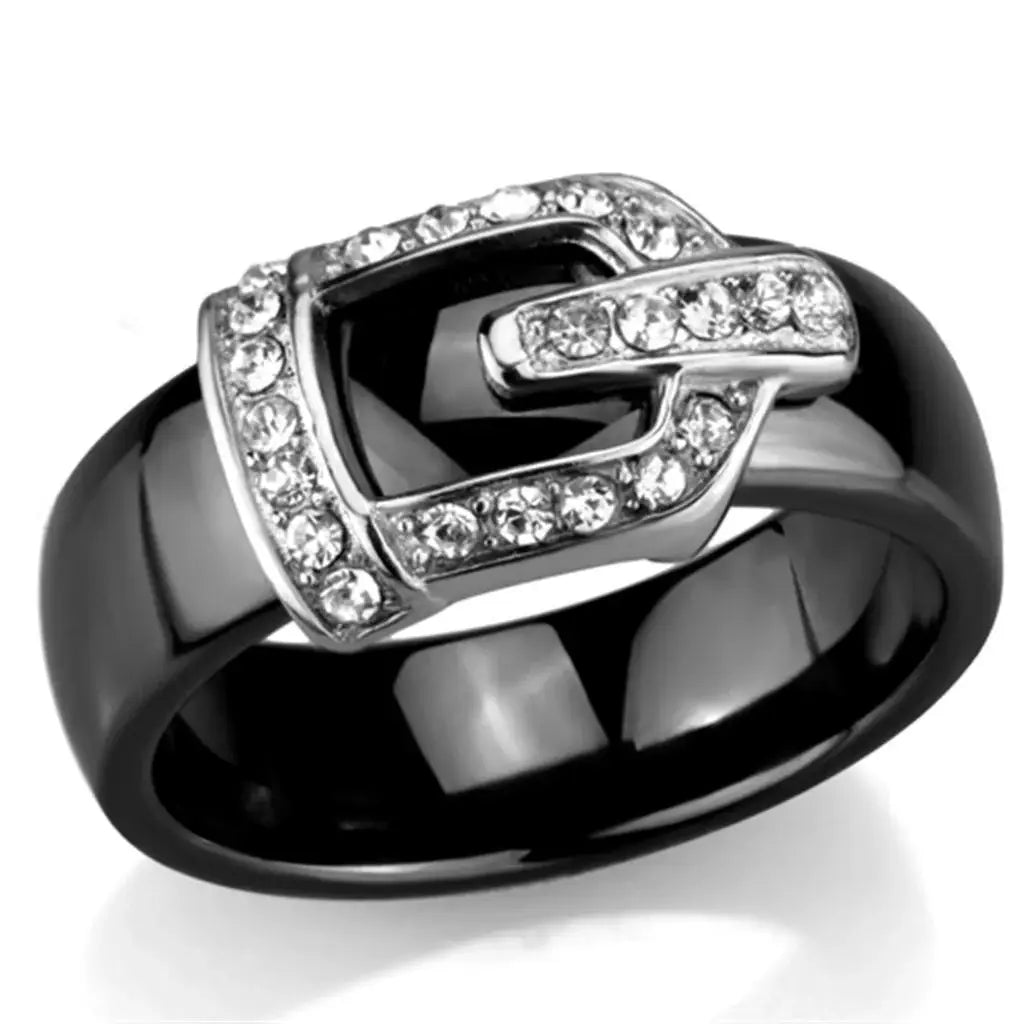 Alamode High polished (no plating) Stainless Steel Ring with Ceramic in Jet - Alamode - Flyclothing LLC