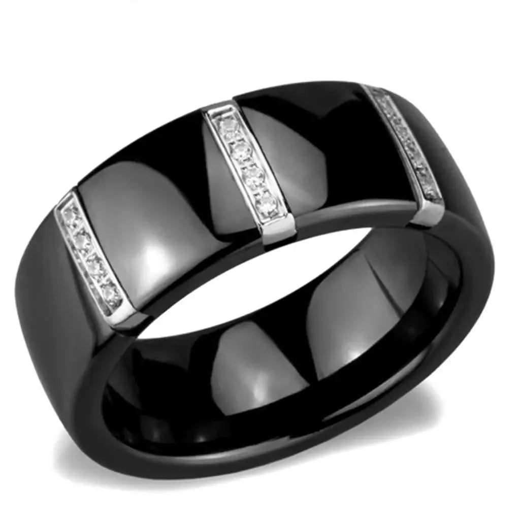 Alamode High polished (no plating) Stainless Steel Ring with Ceramic in Jet - Alamode - Flyclothing LLC