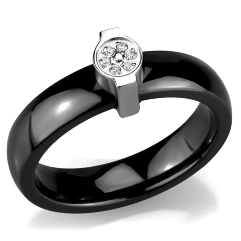 Alamode High polished (no plating) Stainless Steel Ring with Ceramic in Jet - Alamode - Flyclothing LLC