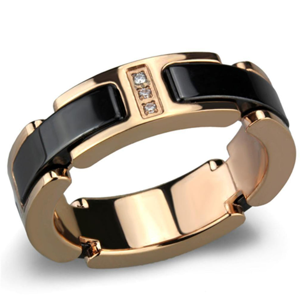 Alamode IP Rose Gold(Ion Plating) Stainless Steel Ring with Ceramic in Jet - Alamode