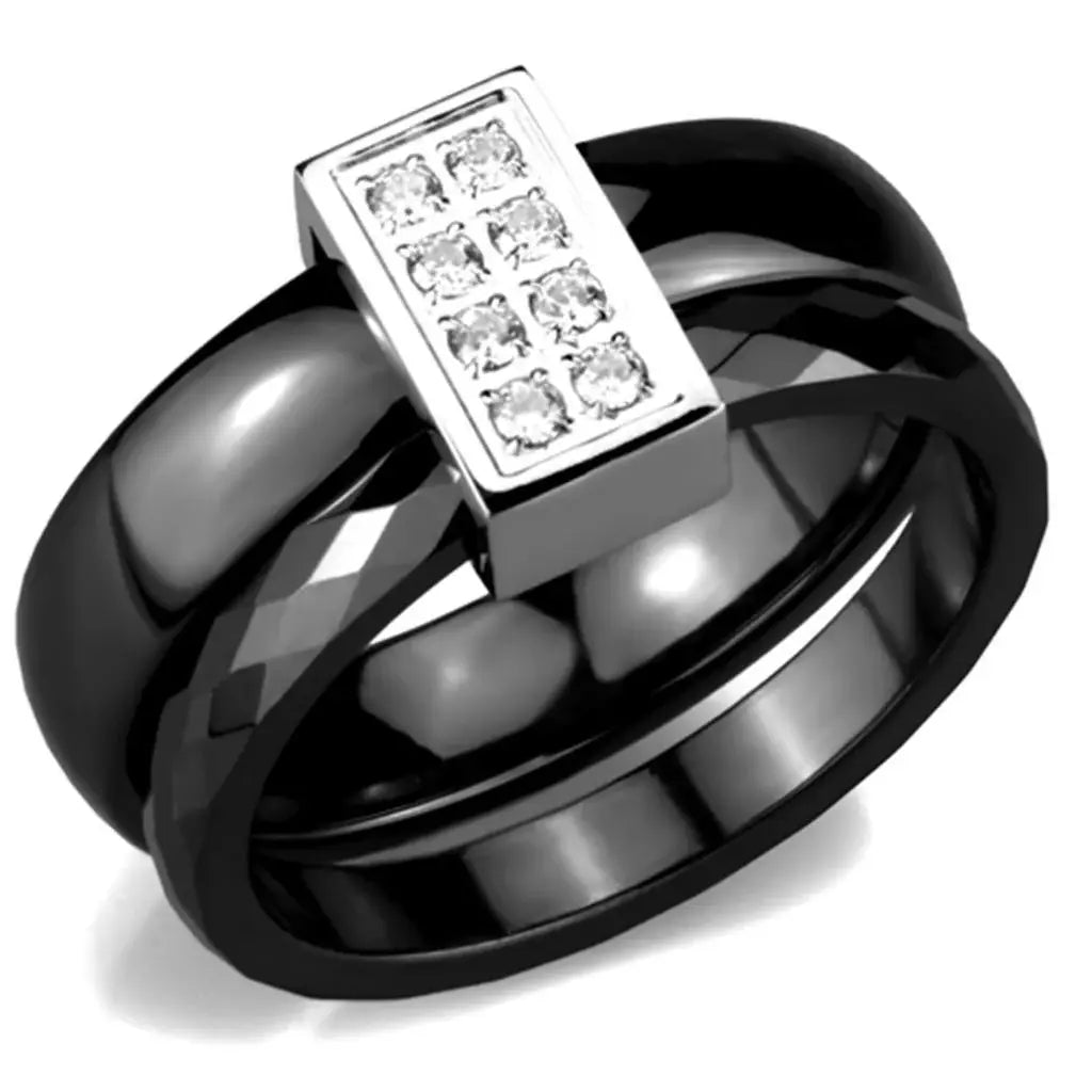 Alamode High polished (no plating) Stainless Steel Ring with Ceramic in Jet - Alamode - Flyclothing LLC