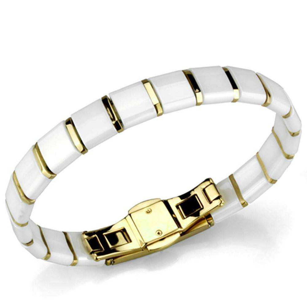 Alamode IP Gold(Ion Plating) Stainless Steel Bracelet with Ceramic in White - Alamode