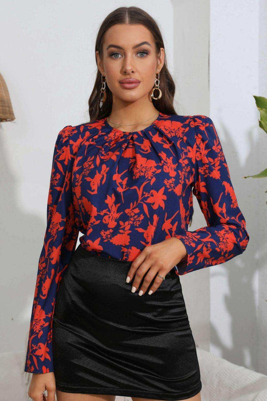 Floral Long Puff Sleeve Blouse - Trendsi - Flyclothing LLC