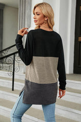 Color Block Round Neck Long Sleeve Slit T-Shirt - Trendsi