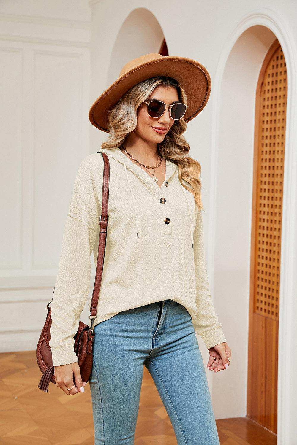 Half-Button Dropped Shoulder Hoodie - Trendsi - Flyclothing LLC