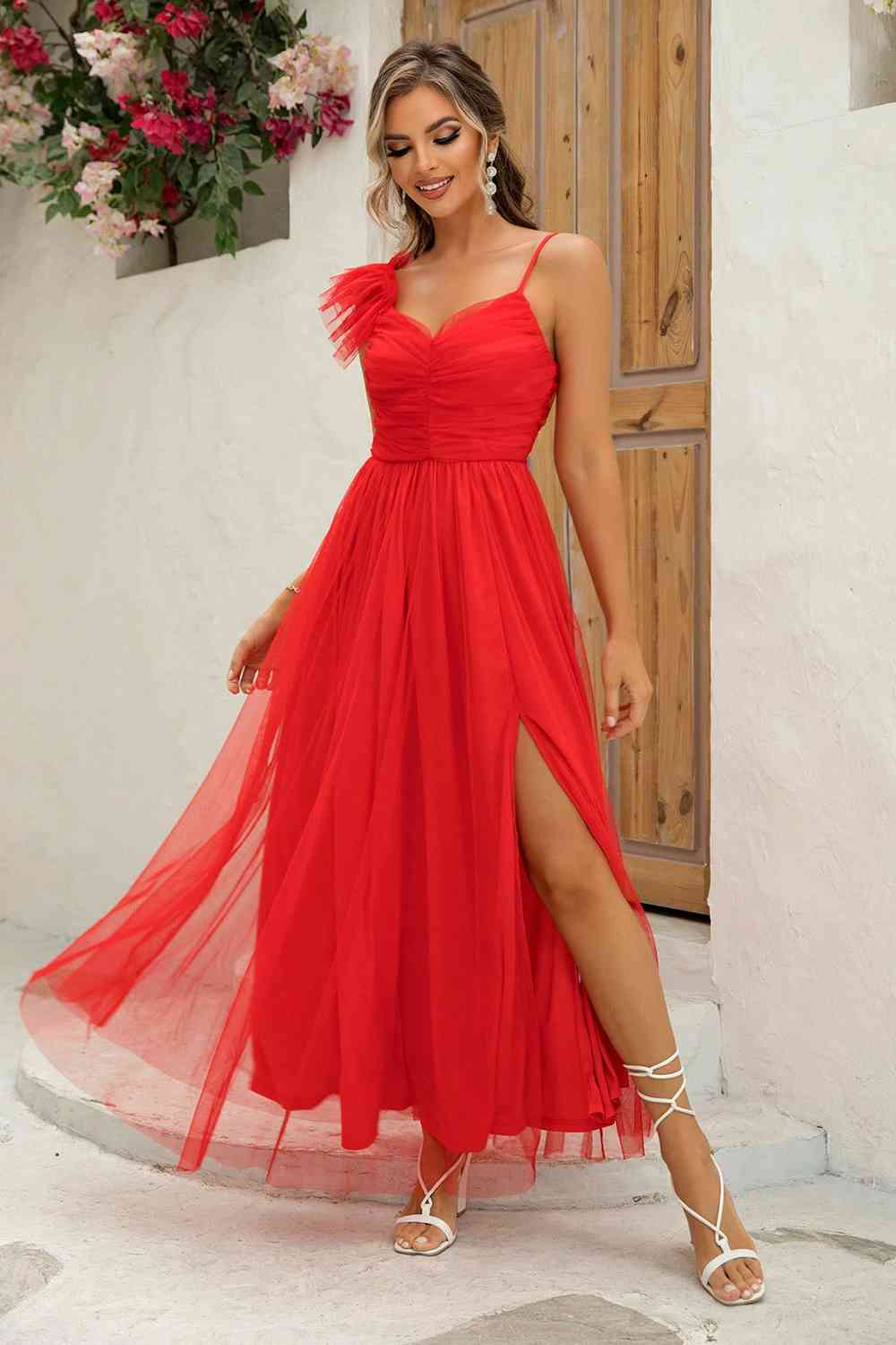 Asymmetrical Ruched Slit Dress - Trendsi - Flyclothing LLC