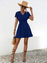Ruffled Smocked V-Neck Tiered Dress - Trendsi - Flyclothing LLC