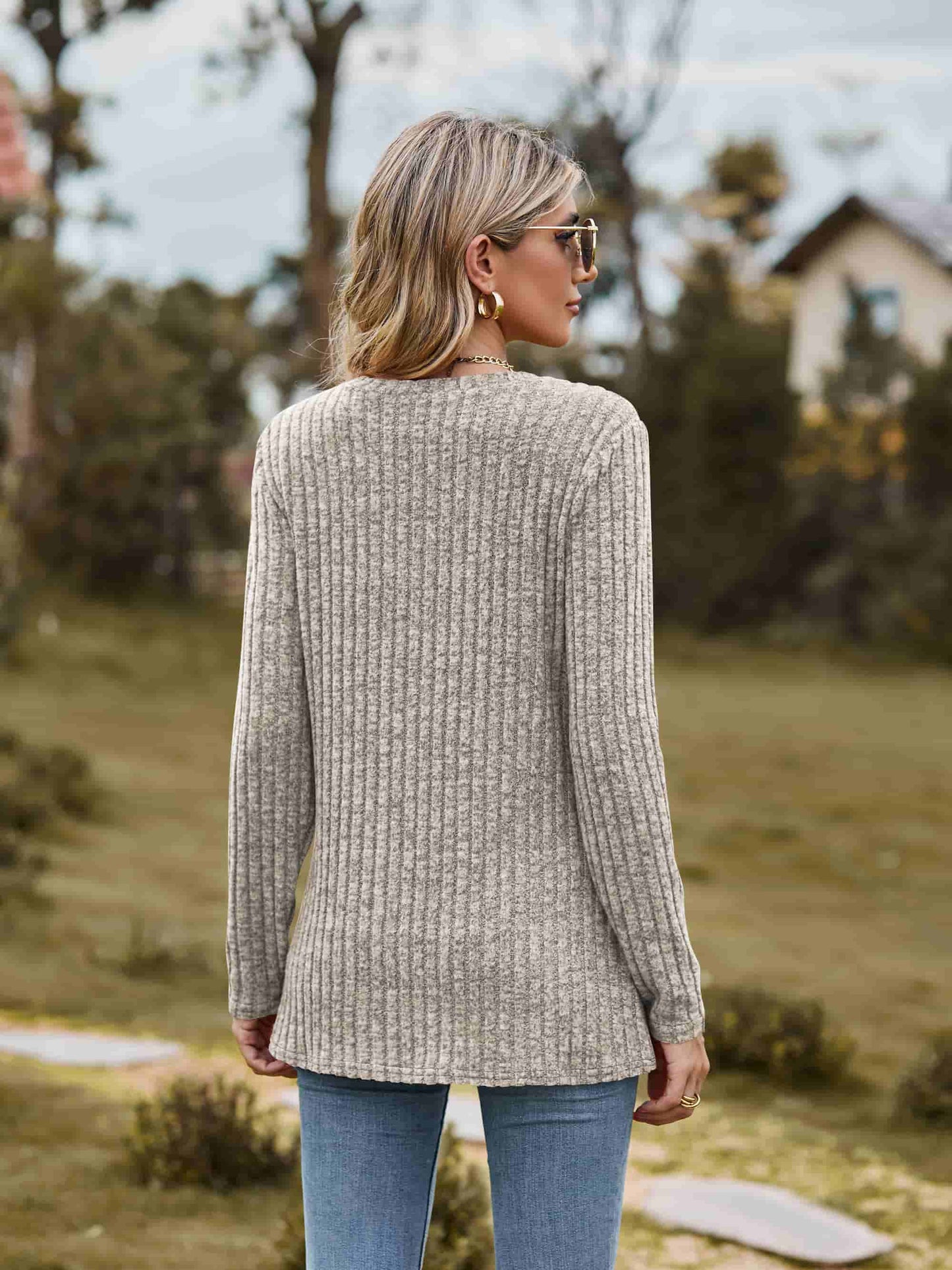 Ribbed Round Neck Long Sleeve Tee - Trendsi - Flyclothing LLC