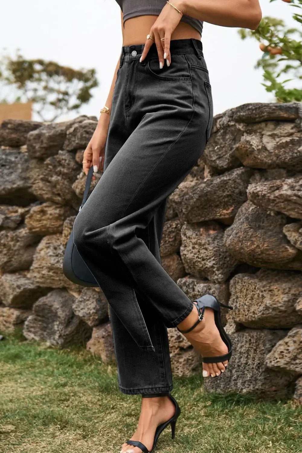 High Waist Loose Fit Ankle Slit Jeans - Trendsi - Flyclothing LLC