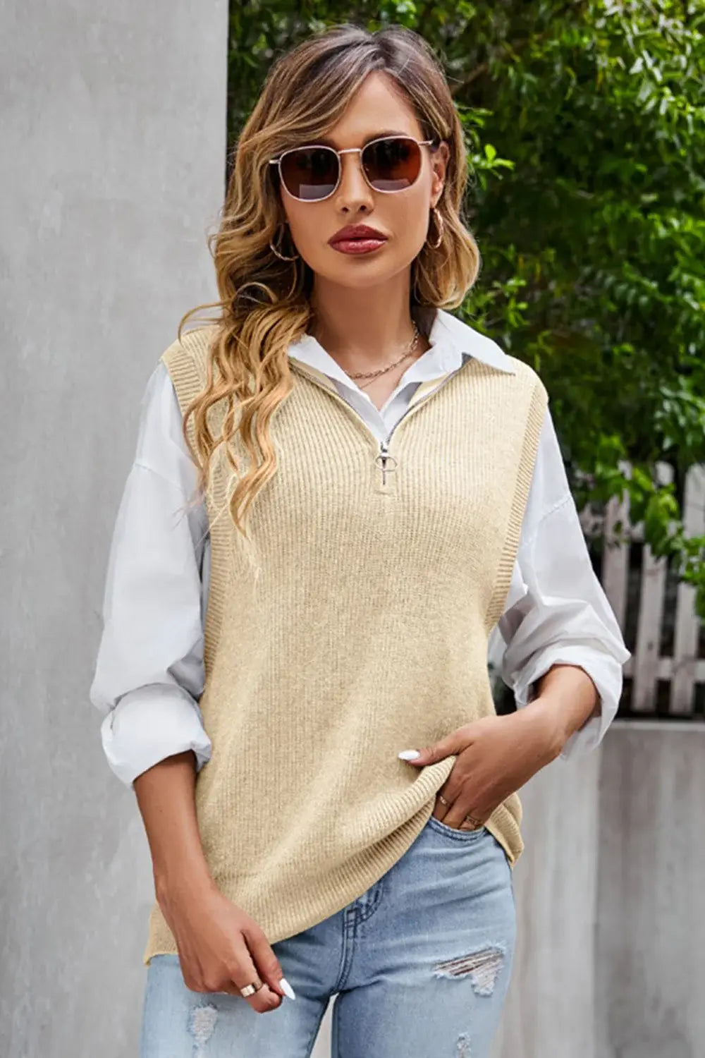 Quarter-Zip Ribbed Sweater Vest - Trendsi - Flyclothing LLC