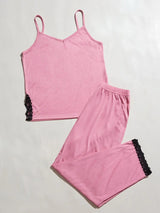 V-Neck Lace Trim Slit Cami and Pants Pajama Set - Trendsi - Flyclothing LLC