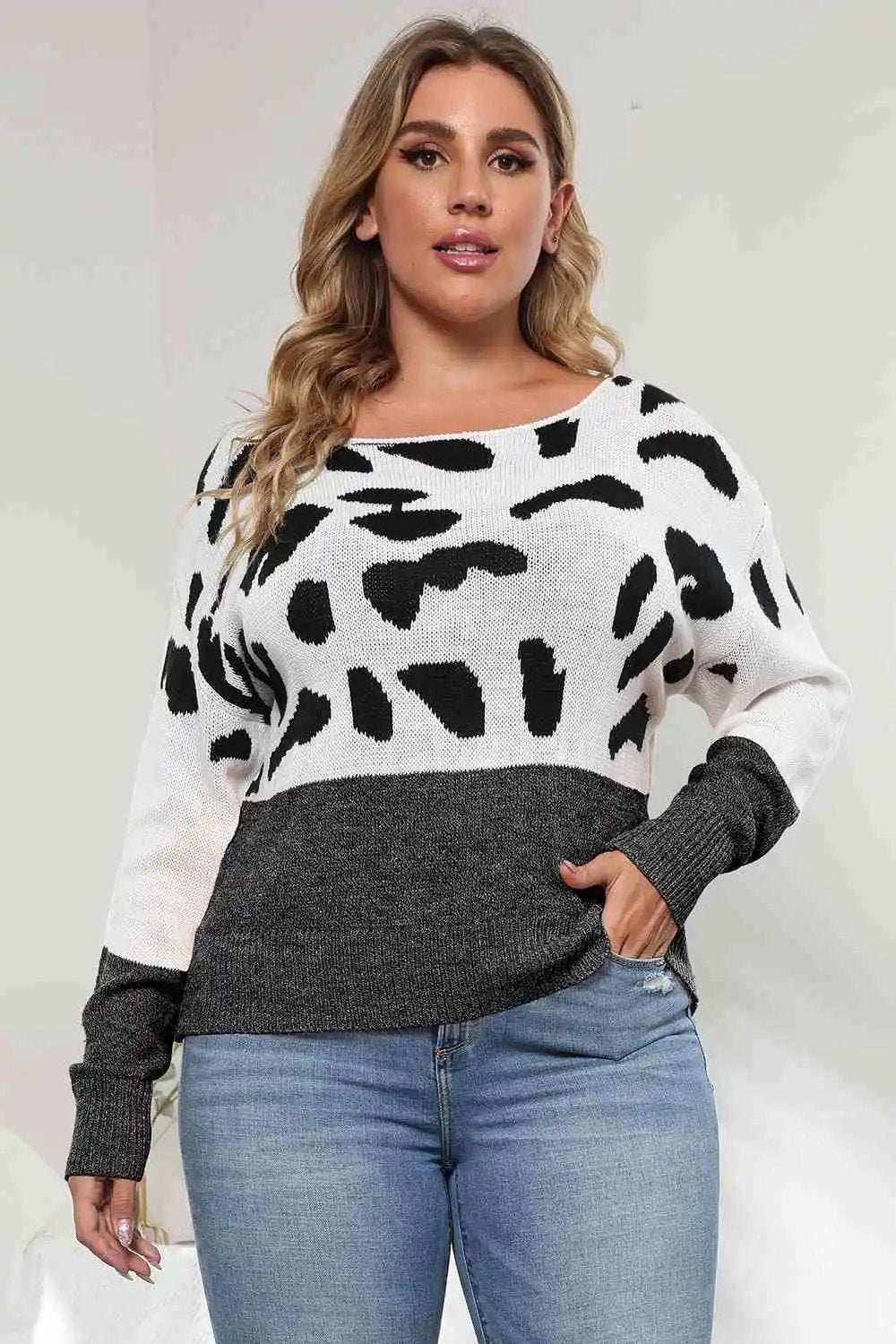 Plus Size Leopard Round Neck Long Sleeve Sweater - Trendsi - Flyclothing LLC