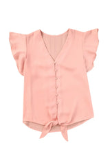 V-Neck Tie Hem Flutter Sleeve Blouse - Trendsi - Flyclothing LLC