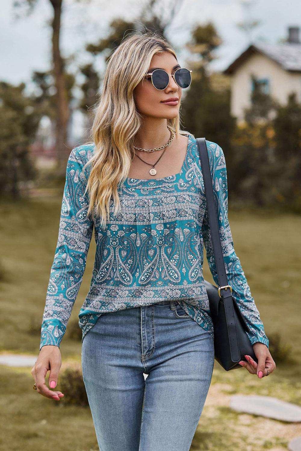 Printed Square Neck Long Sleeve Blouse - Trendsi - Flyclothing LLC