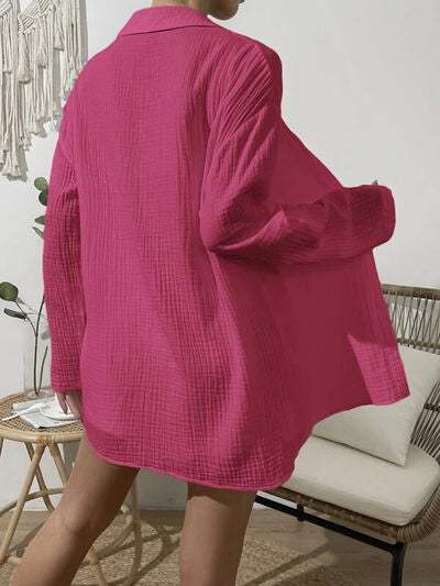 Dropped Shoulder Button Up Top and Elastic Waist Shorts Set - Trendsi - Flyclothing LLC