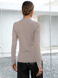 Striped Buttoned V-Neck Long Sleeve Top - Trendsi - Flyclothing LLC