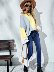 Color Block Balloon Sleeve Boat Neck Sweater - Trendsi