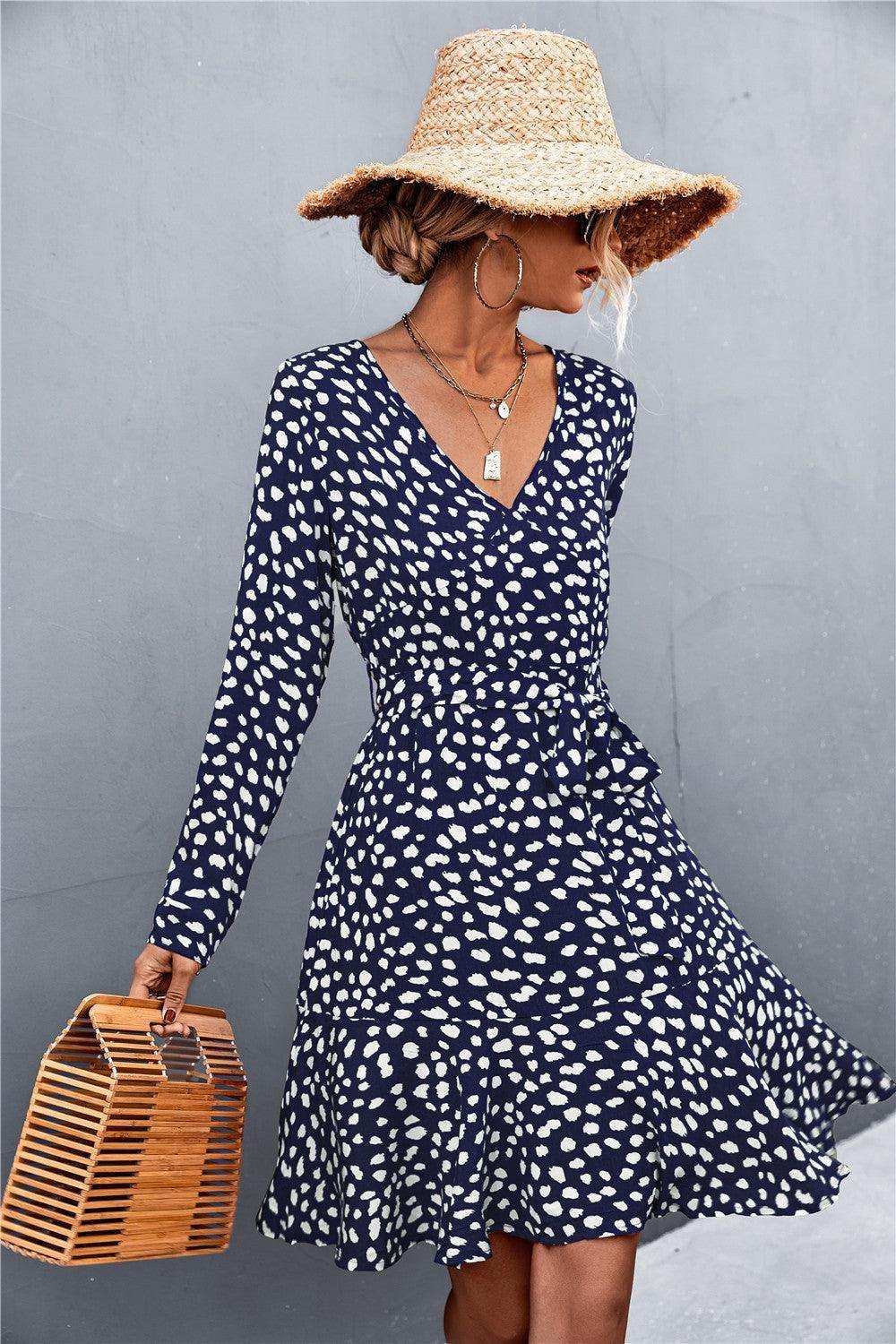 Printed V-Neck Tie Belt Ruffle Hem Mini Dress - Trendsi - Flyclothing LLC