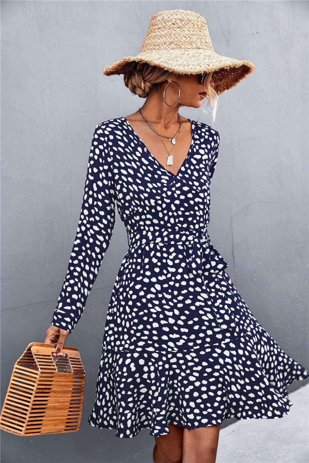 Printed V-Neck Tie Belt Ruffle Hem Mini Dress - Trendsi - Flyclothing LLC