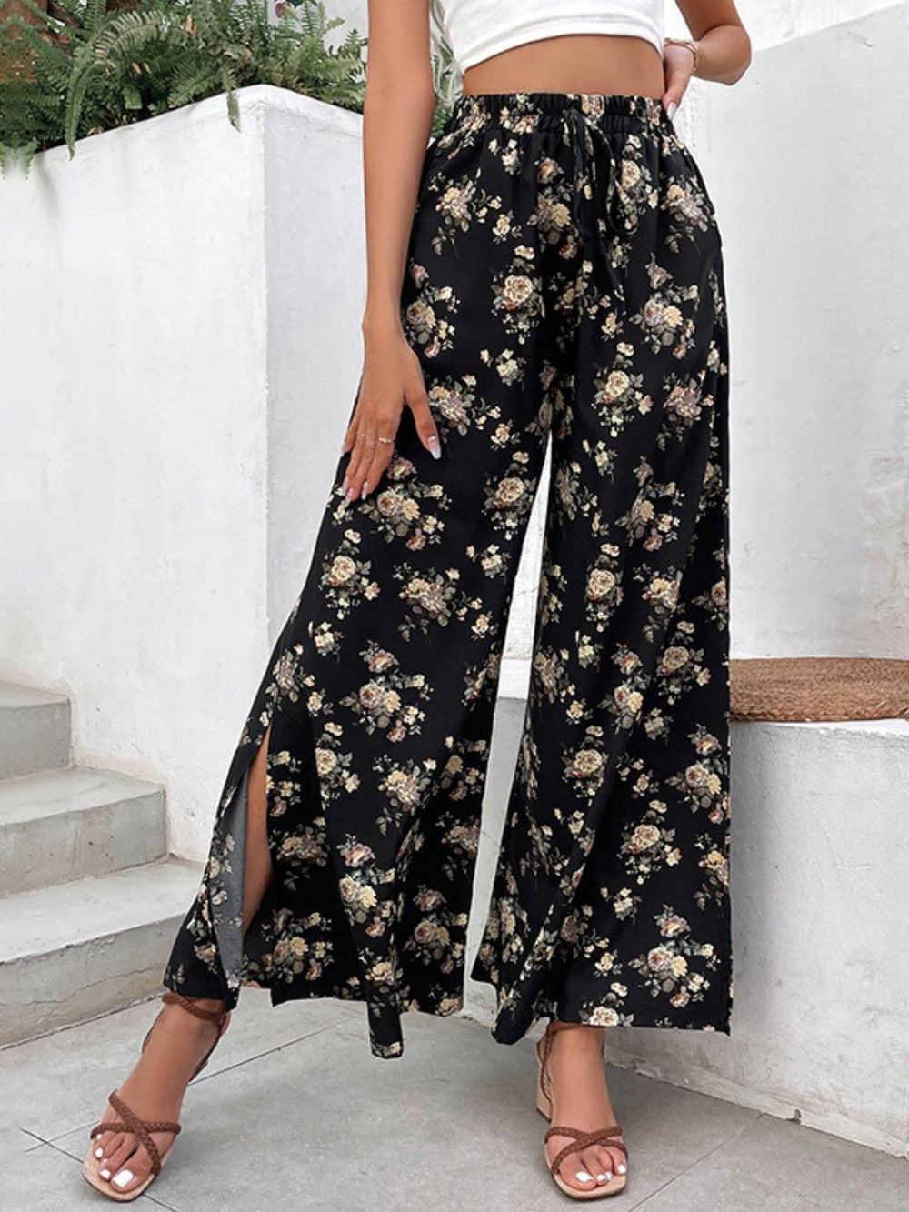 Floral Side Slit Wide Leg Pants - Trendsi