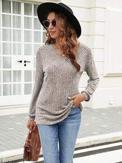 Ribbed Surplice Long Sleeve T-Shirt - Trendsi - Flyclothing LLC