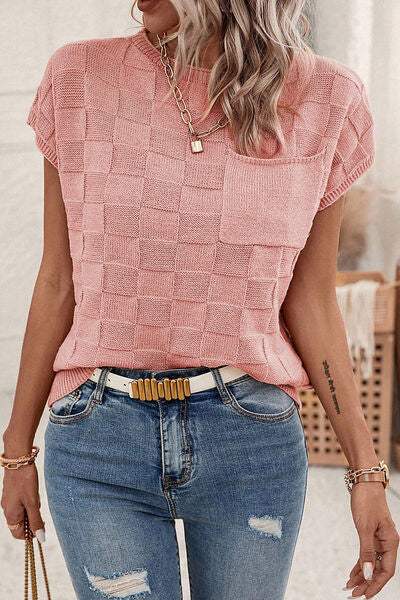 Plaid Pocketed Round Neck Sweater - Trendsi - Flyclothing LLC