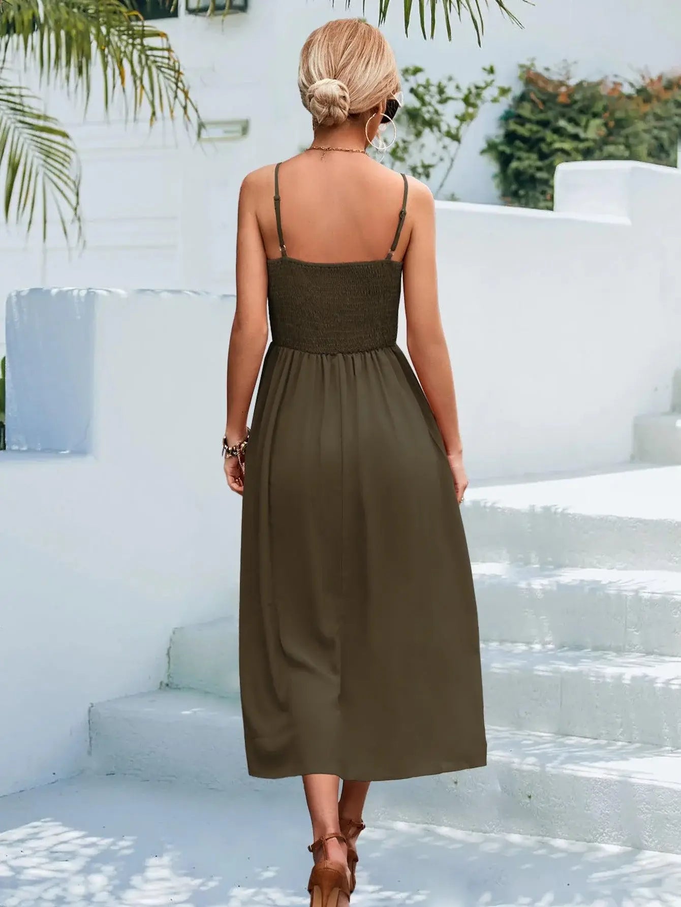 Decorative Button Spaghetti Strap Midi Dress - Trendsi - Flyclothing LLC