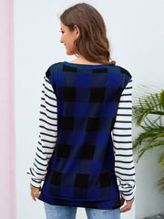 Plaid Striped Round Neck Long Sleeve T-Shirt - Trendsi