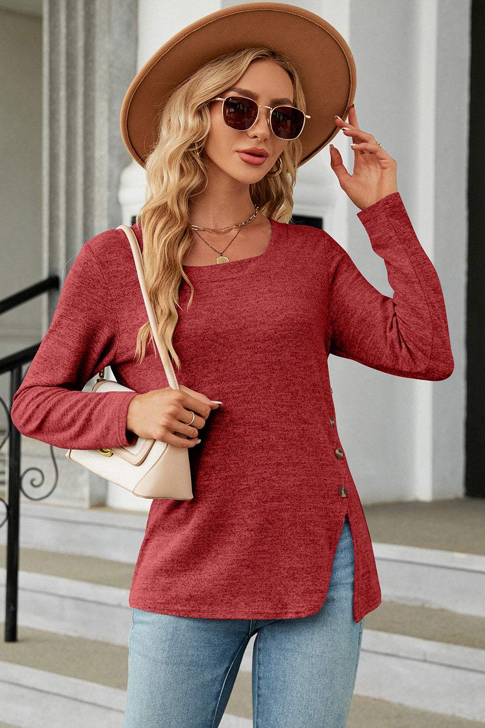 Slit Decorative Button Square Neck T-Shirt - Trendsi - Flyclothing LLC