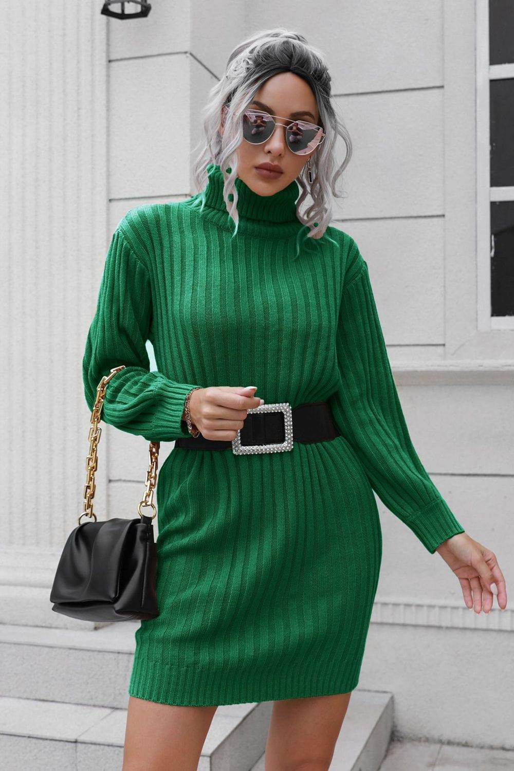 Ribbed Turtle Neck Long Sleeve Mini Sweater Dress - Trendsi