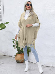 Fringe Trim Buttoned Hooded Poncho - Trendsi