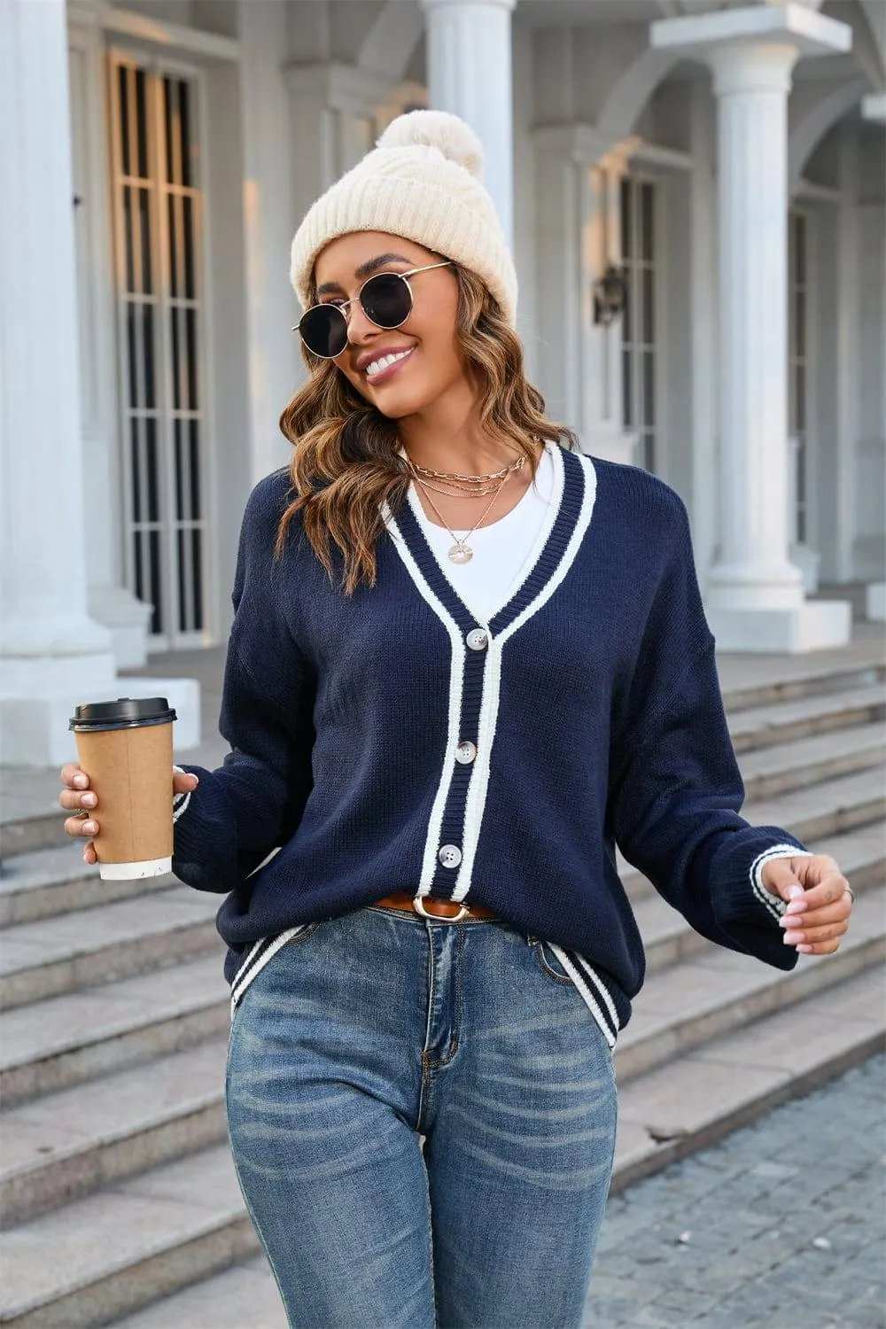 Buttoned V-Neck Long Sleeve Cardigan - Trendsi - Flyclothing LLC