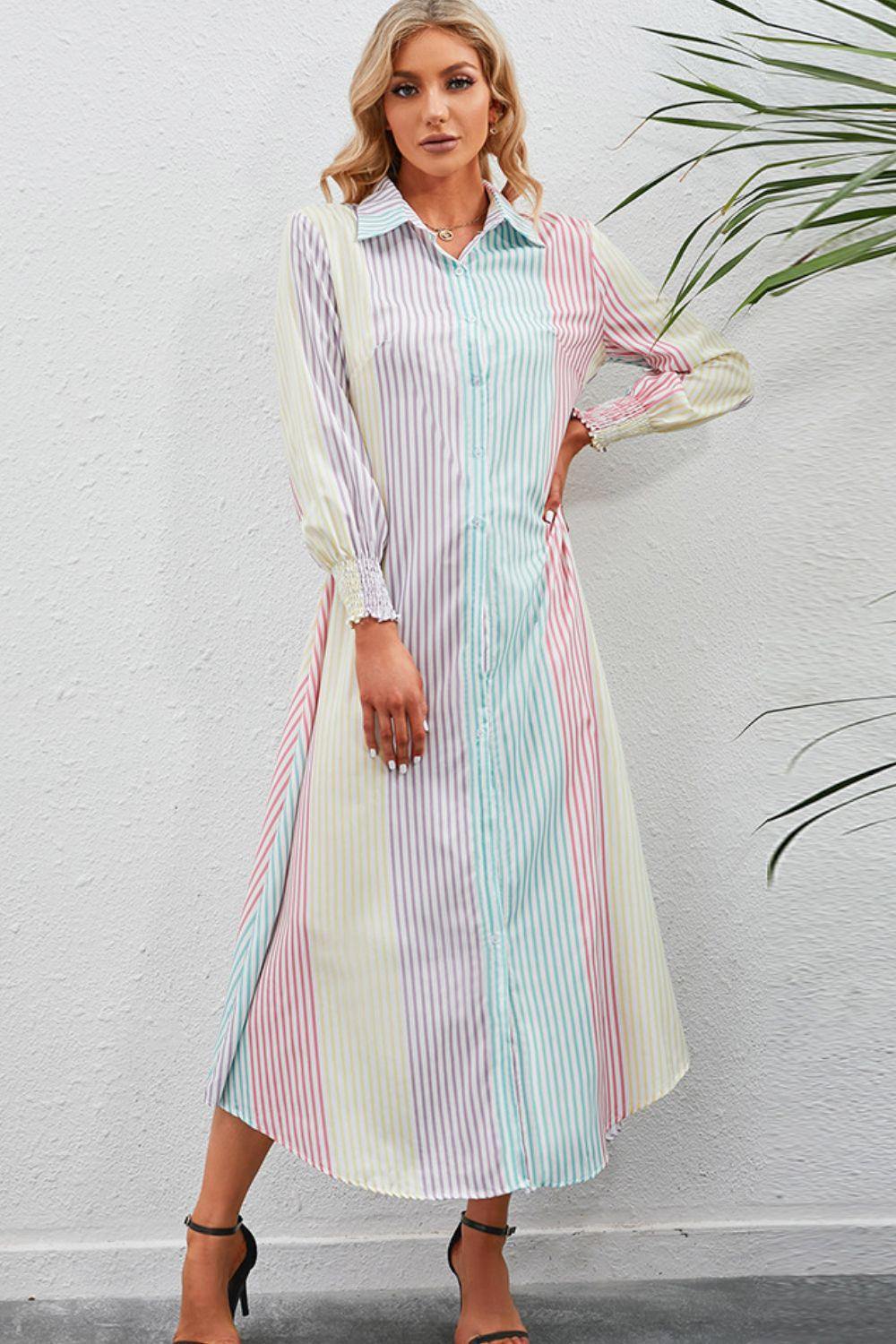Rainbow Stripe Button-Up Maxi Shirt Dress - Trendsi
