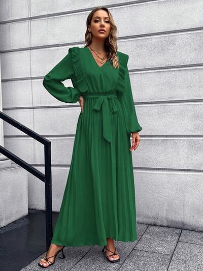 Pleated Surplice Tie Waist Maxi Dress - Trendsi