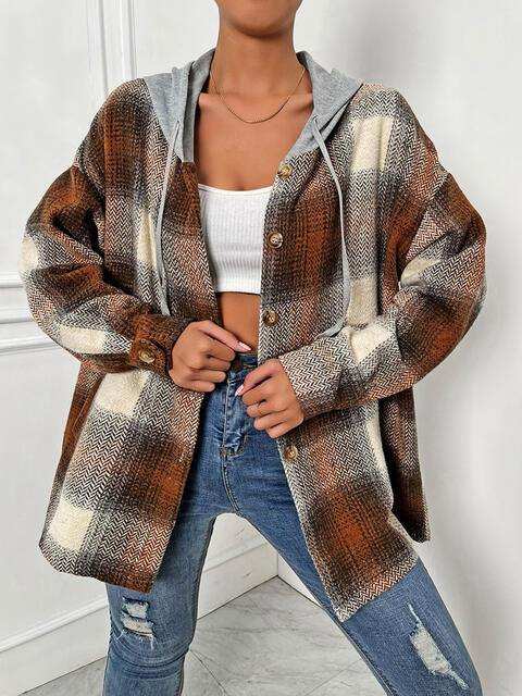 Plaid Drawstring Hooded Jacket - Trendsi - Flyclothing LLC