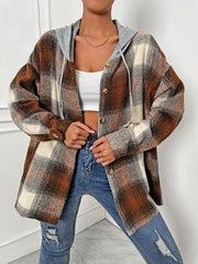 Plaid Drawstring Hooded Jacket - Trendsi