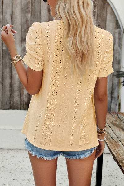 Eyelet Square Neck Puff Sleeve T-Shirt - Trendsi - Flyclothing LLC