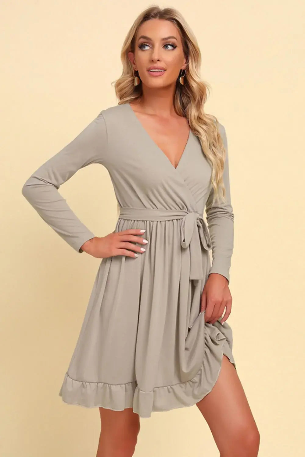 Long Sleeve Tie Waist Ruffle Hem Dress - Trendsi - Flyclothing LLC