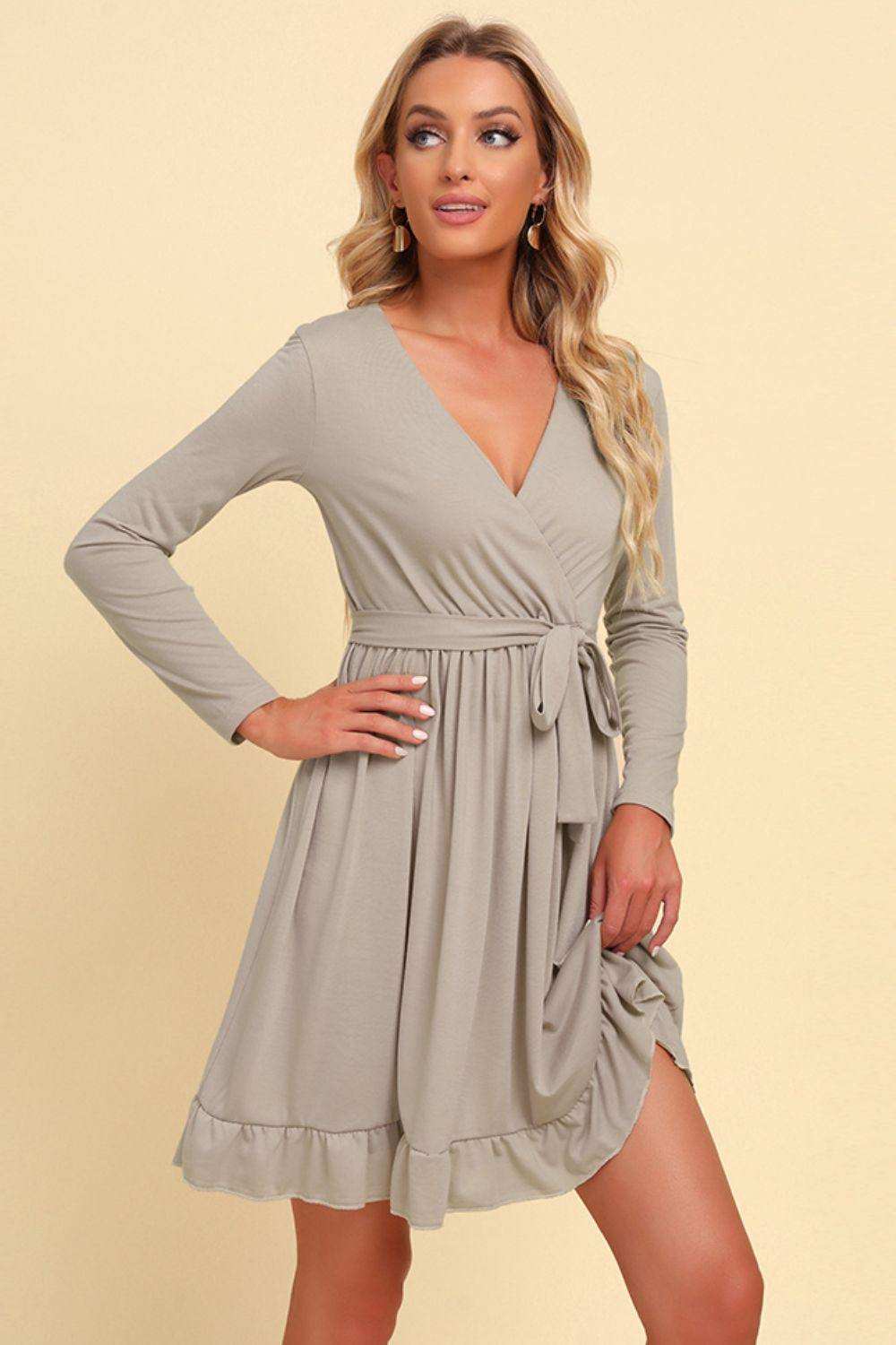 Long Sleeve Tie Waist Ruffle Hem Dress - Trendsi - Flyclothing LLC