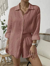 Dropped Shoulder Button Up Top and Elastic Waist Shorts Set - Trendsi - Flyclothing LLC