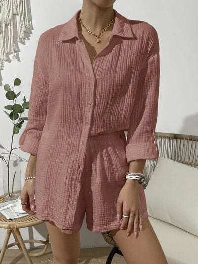 Dropped Shoulder Button Up Top and Elastic Waist Shorts Set - Trendsi - Flyclothing LLC