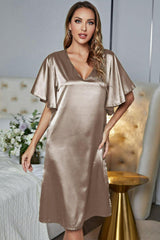 Satin Flutter Sleeve Side Slit V-Neck Night Dress - Trendsi