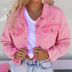 Distressed Raw Hem Dropped Shoulder Denim Jacket - Trendsi
