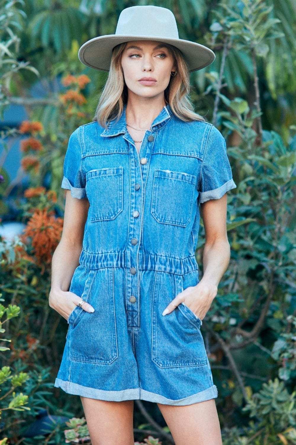 Veveret Elastic Waistband Denim Romper - Trendsi - Flyclothing LLC