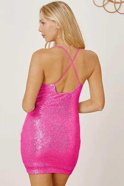 Sequin Spaghetti Strap Mini Wrap Dress - Trendsi - Flyclothing LLC