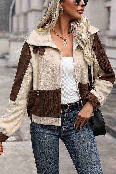Color Block Zip Up Pocketed Jacket - Trendsi - Flyclothing LLC