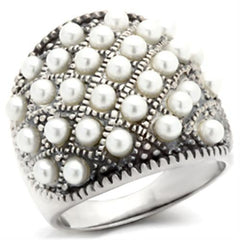 Alamode Antique Tone 925 Sterling Silver Ring with Synthetic Pearl in White - Flyclothing LLC